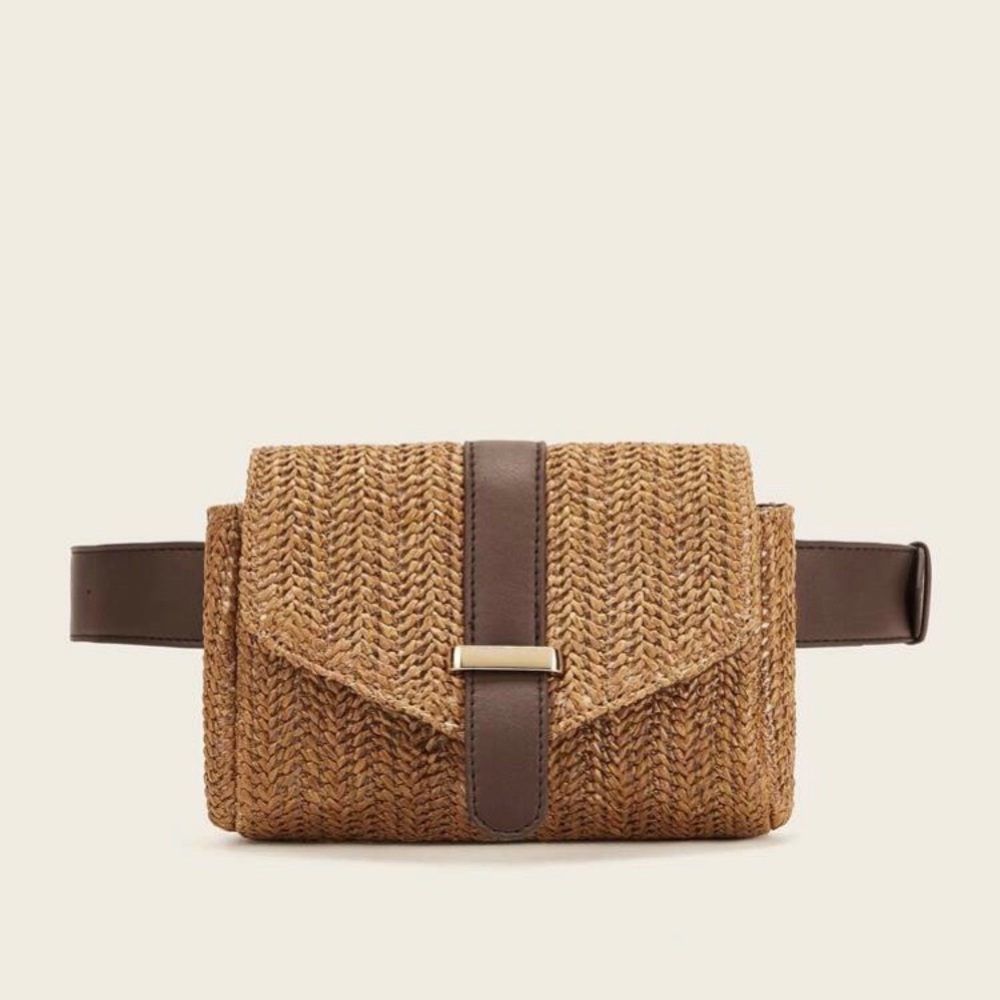 Woven Straw Belt Bag with Brown Trim